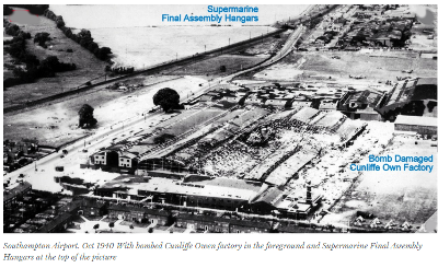 Aerial view of damaged Cunliffe Owen Factory (Photo Supermariners.wordpress.com) Aerial view of damaged Cunliffe Owen Factory (Photo Supermariners.wordpress.com)